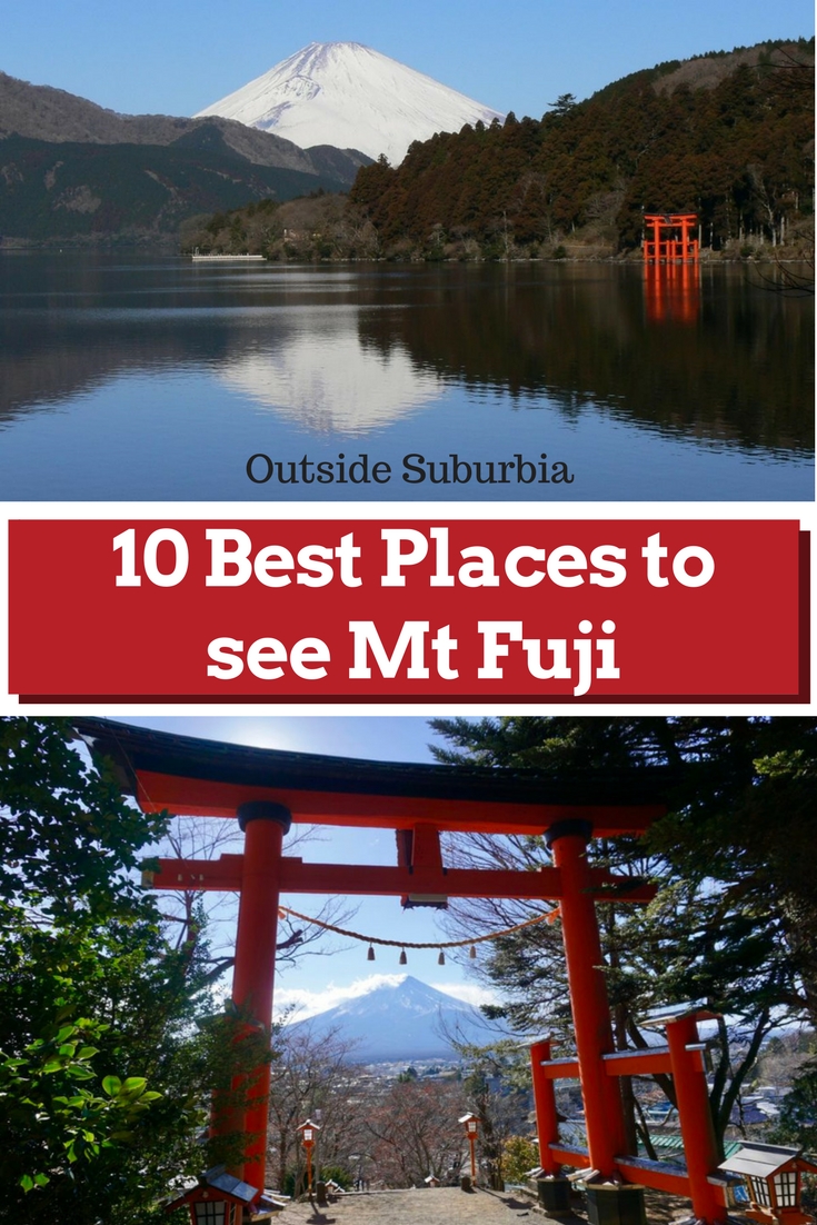 Best places to see Mt Fuji - Japan's tallest mountain and its most iconic landmark including an epic view of Mt Fuji with its snow cap from an airplane, a bullet train and from our hotel in Tokyo. #MtFujiViews #FujiSan #BestPlacestoSeeMtFuji #OutsideSuburbia #MtFuji
