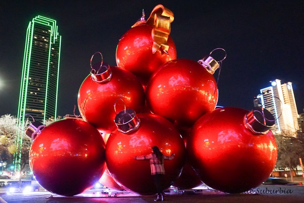 Giant Christmas ornaments at the Omni Hotel Dallas