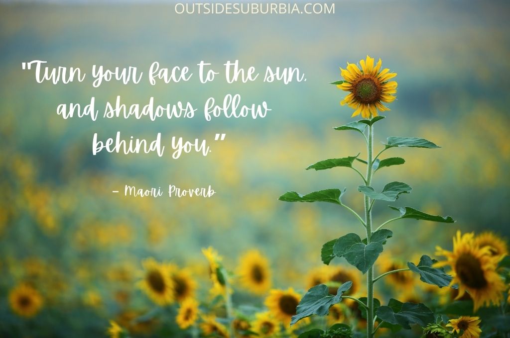 Turn your face to the sun, and shadows follow behind you | Beautiful Sunflower Quotes and Captions | Outside Suburbia