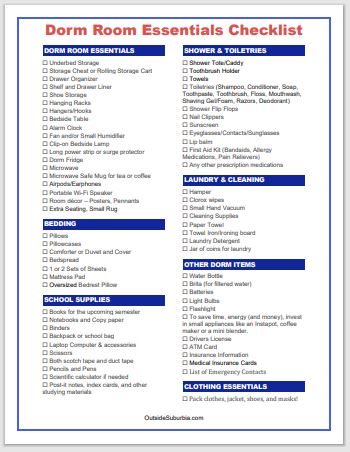 dorm room checklist for poor