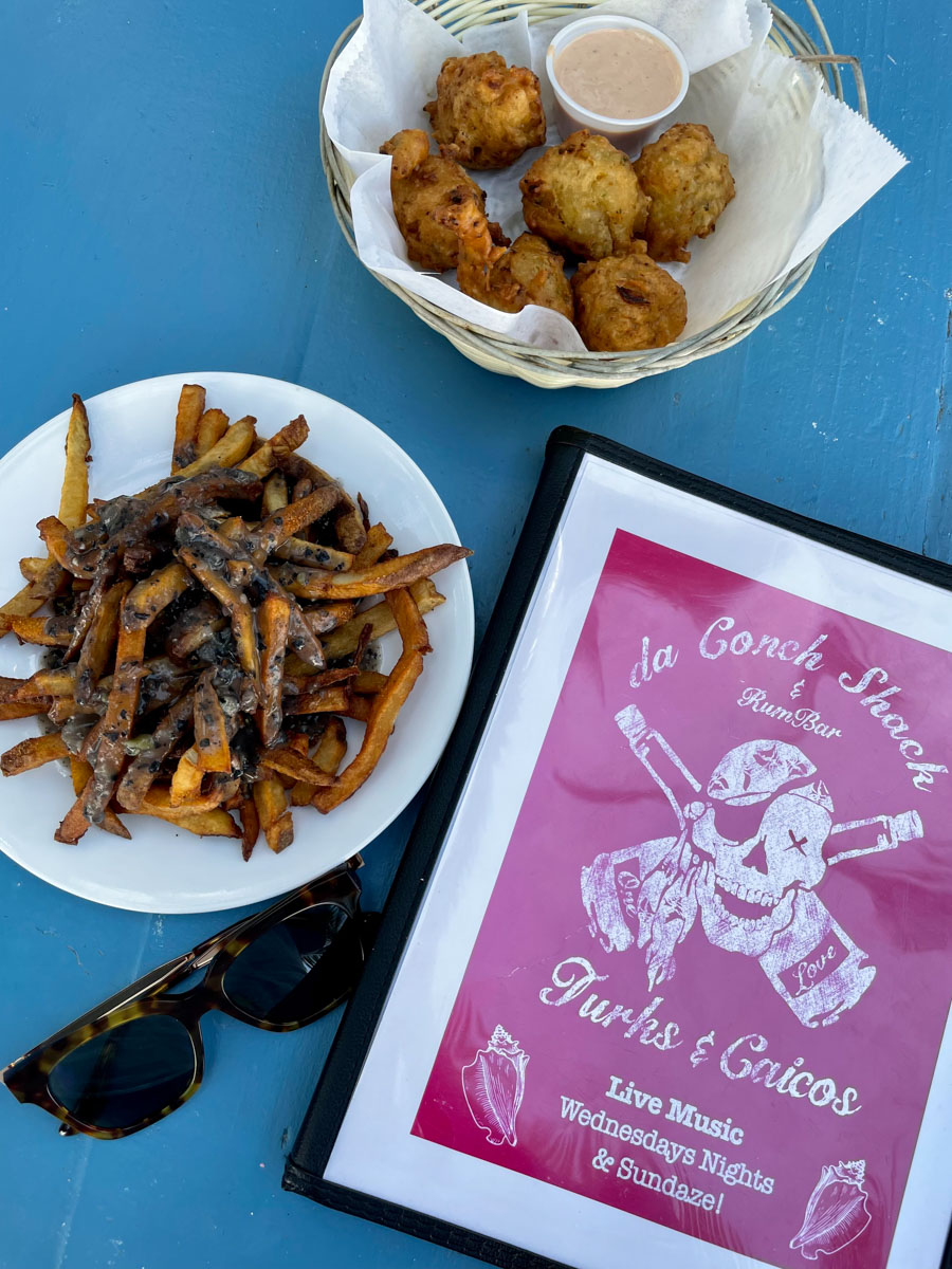 Johnny Fries, and conch Fritters at the iconic da Conch Shack, Turks & Caicos